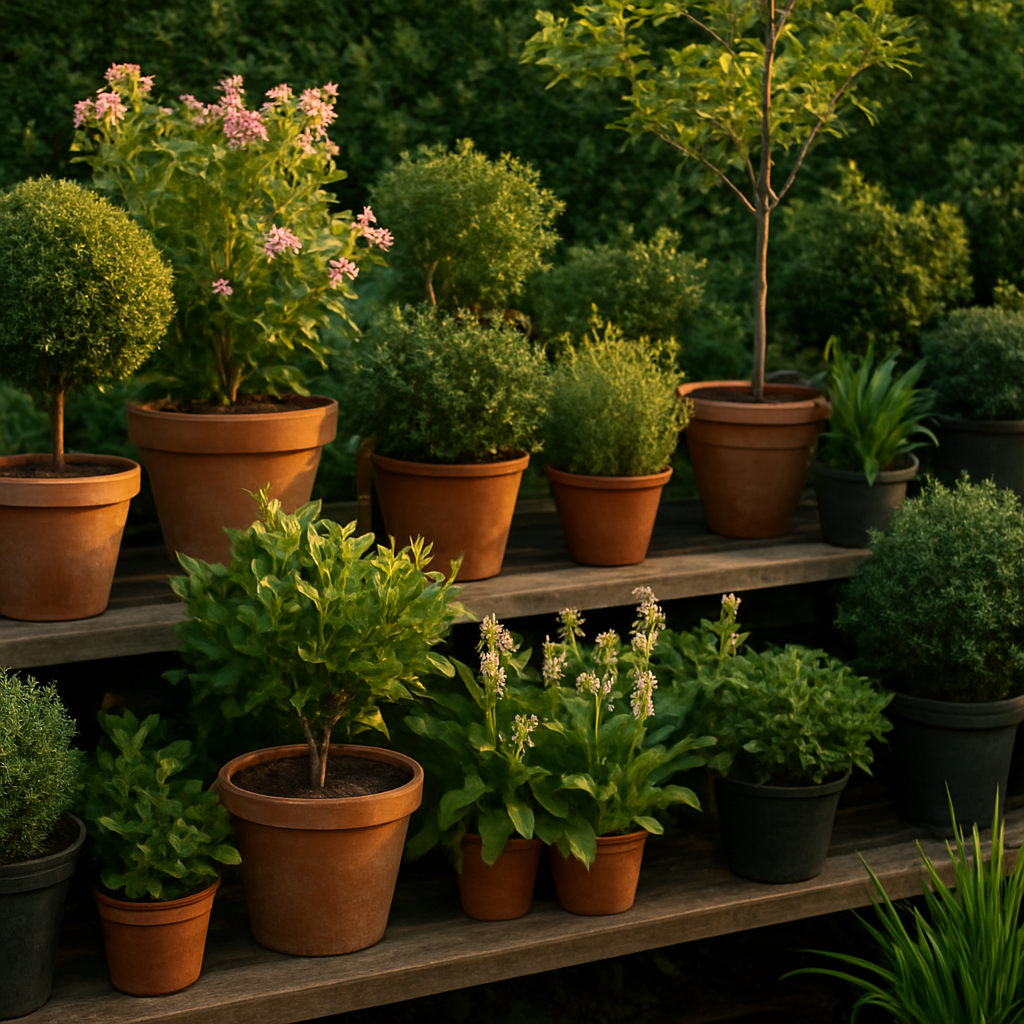Colourful potted plants and hedging specimens on display benches at New Line Road Nursery