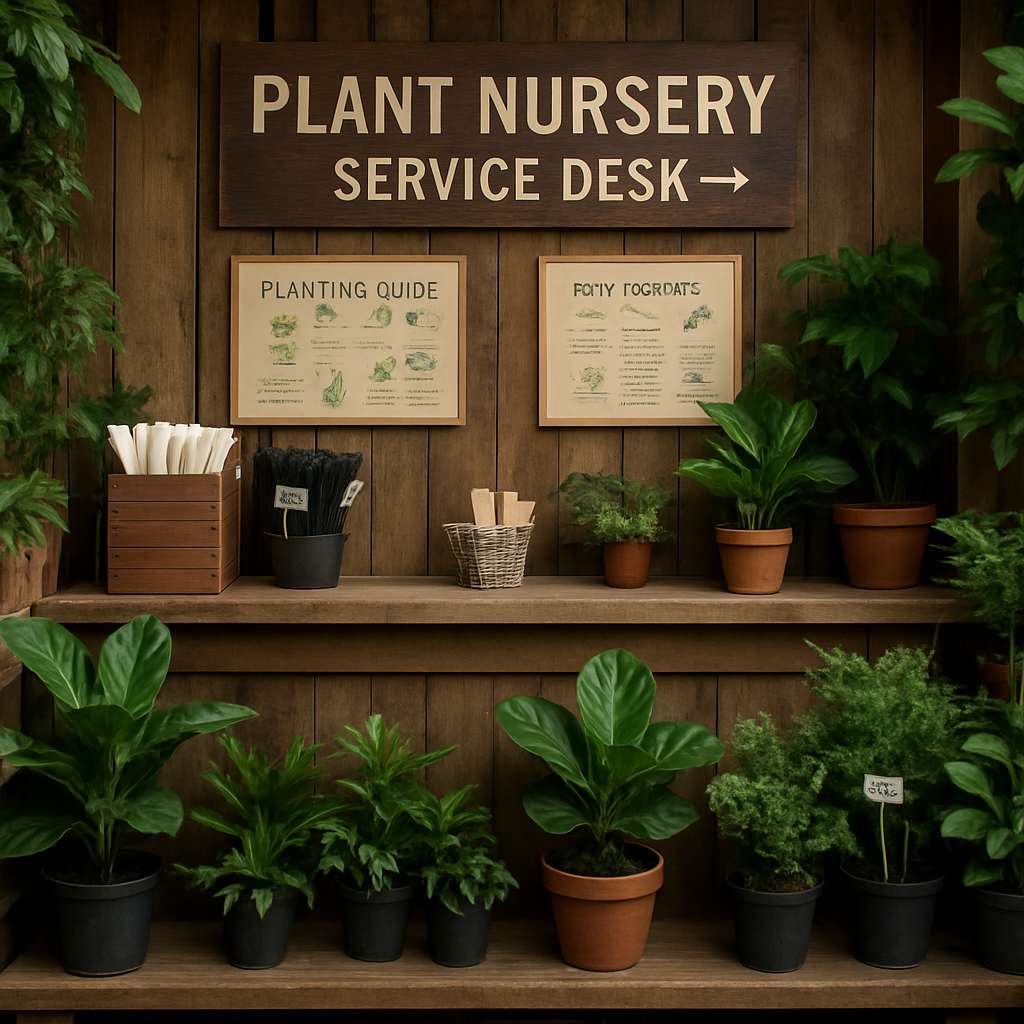 Plant service area with labelled specimens, planting guides and nursery display shelves