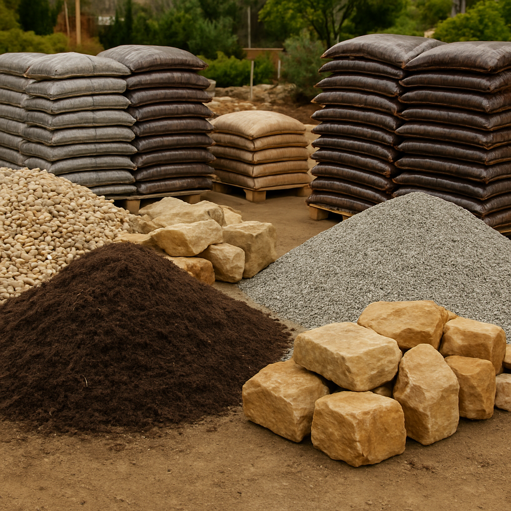 Bags of premium garden soil, mulch, rocks and decorative pebbles at the nursery supply area