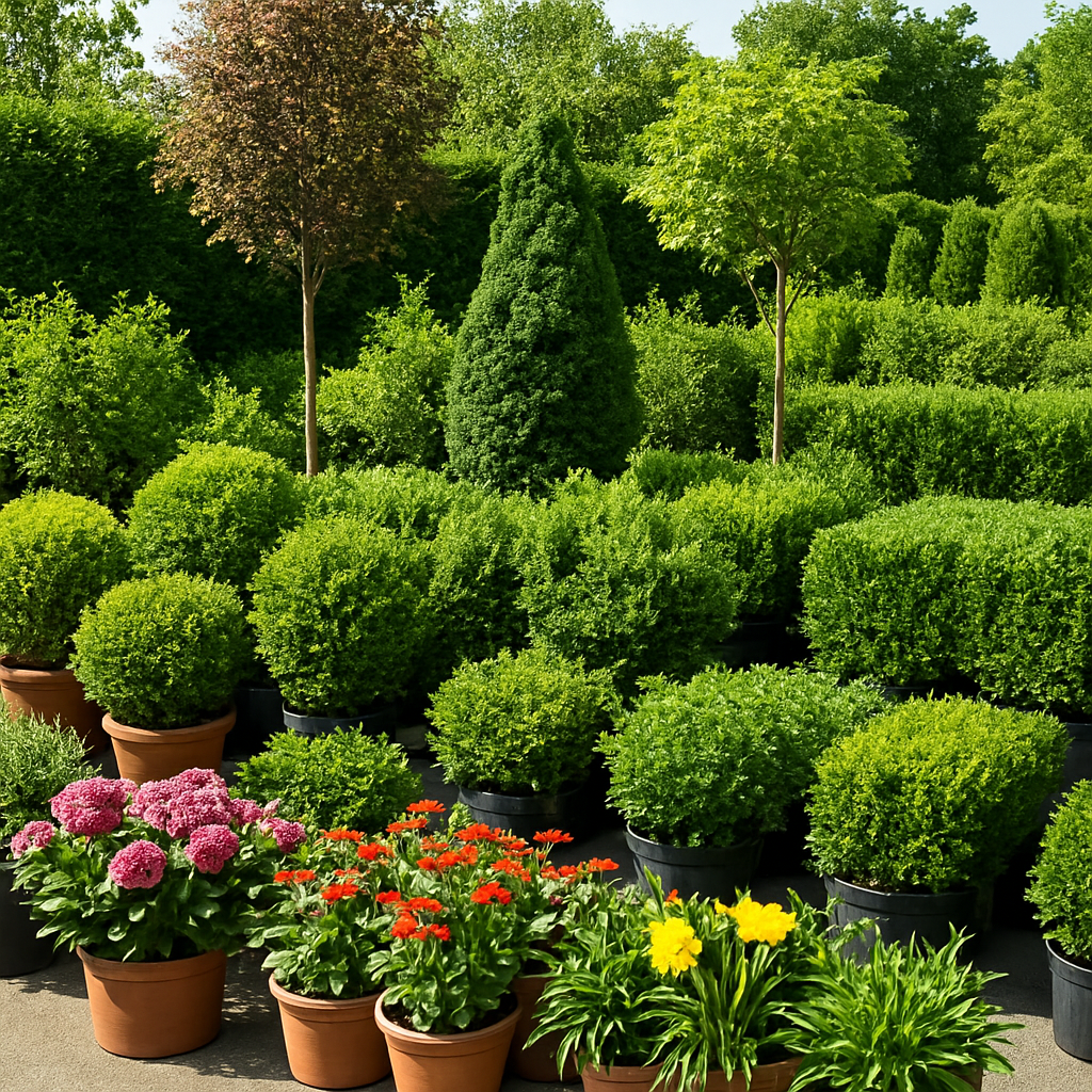 Display of garden plants including shrubs, trees and hedges for sale at the nursery